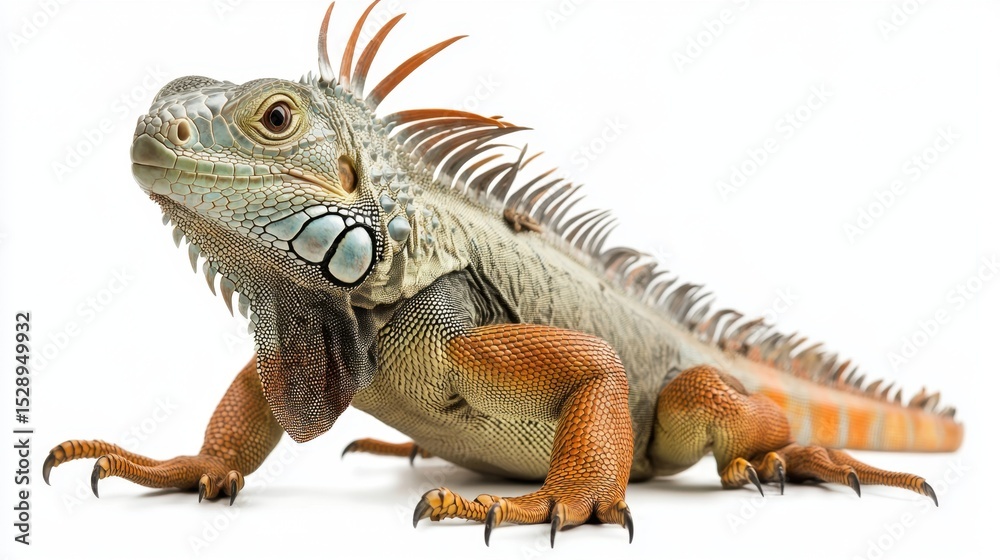 Obraz premium Iguana positioned with tail coiled beside, side detail of scales and limbs sharp on white