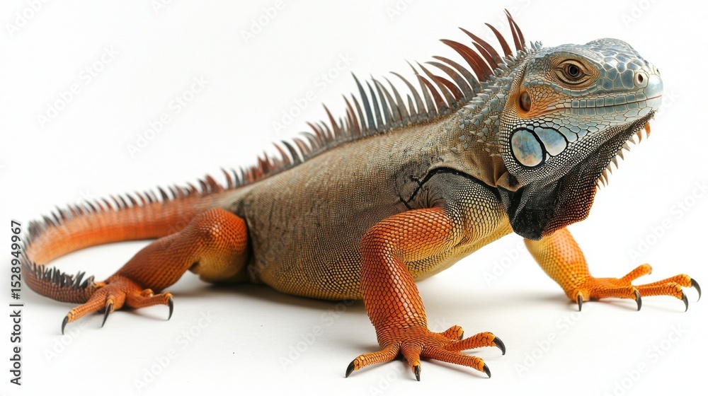 Obraz premium Iguana positioned with tail coiled beside, side detail of scales and limbs sharp on white