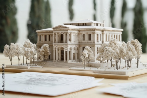 Detailed Architectural Model of a Classic Mansion with Trees