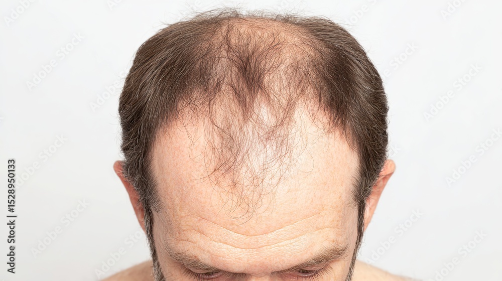 Obraz premium Photorealistic top view of a man with visible bald patches and thinning hair texture under natural light, highlighting male hair loss and scalp health in a clean clinical setting