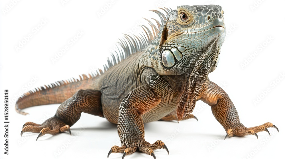 Fototapeta premium Natural iguana pose with tail fully extended, showing full texture from head to tail on white