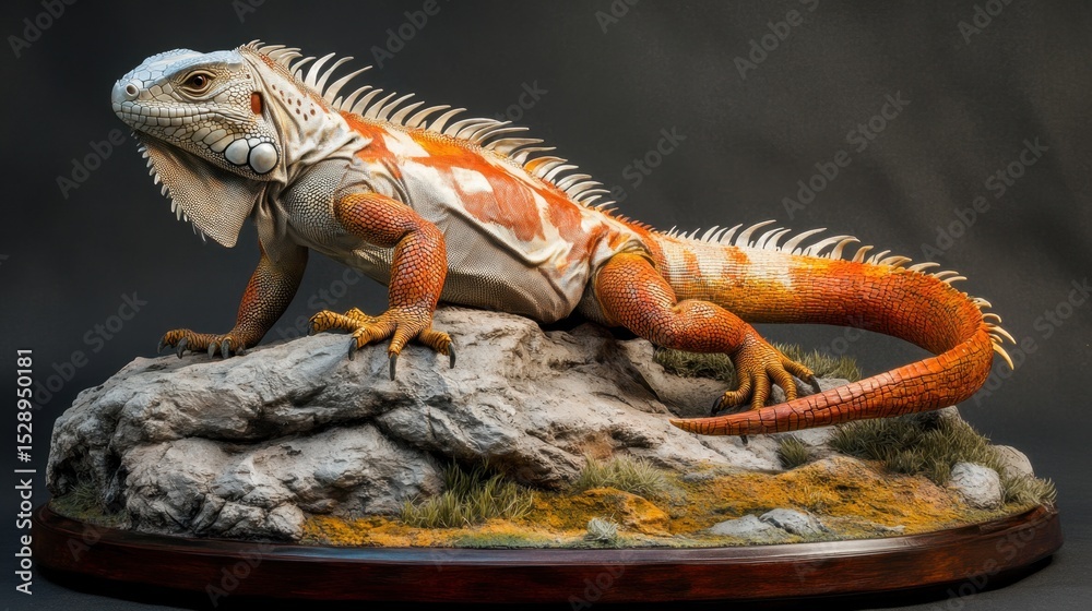 Fototapeta premium Natural iguana with tail curled upward and limbs extended, perfect scale and spine detail