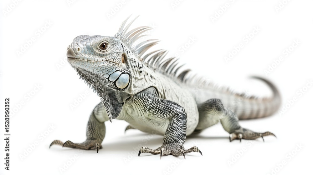 Fototapeta premium Spiny-tailed iguana frozen in walking motion, tail ridges catching light on white background