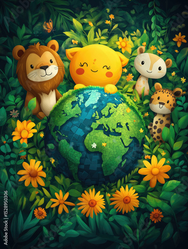 Colorful wildlife surrounds a planet covered in lush greenery and flowers in a vibrant scene