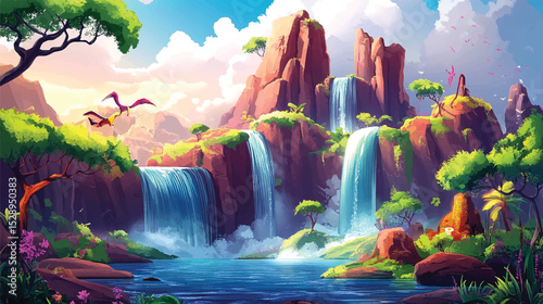 Fairytale Forest with River and Wildflowers.