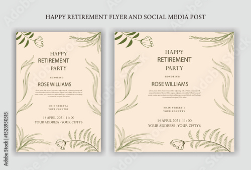 Traditional Happy retirement party celebration flyer design, social media post, vintage, old, elder, senior, festive, emotion, royal, wish, greeting, invitation, black, event, a4 templates bundle.
