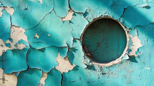Textured surface of a deteriorating wall with flaked paint and a deep hole filled with dust and shadows photo