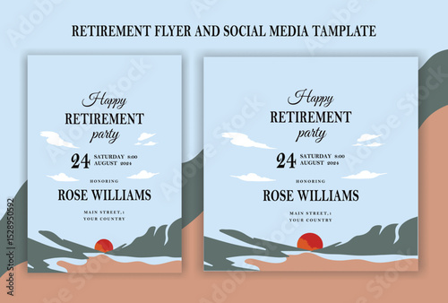 Traditional Happy retirement party celebration flyer design, social media post, vintage, old, elder, senior, festive, emotion, royal, wish, greeting, invitation, black, event, a4 templates bundle.