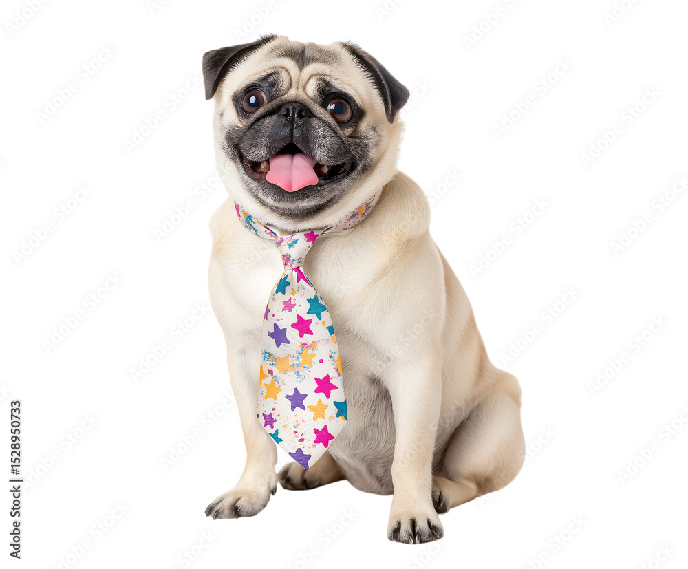 Obraz premium A cute pug dog wearing a colorful tie with stars, sitting on the floor, tongue out and looking at the camera isolated on a transparent background