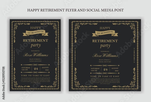 Set of retirement party invitation, square banner, instagram story and a4 poster, vector illustration Retirement Flyer Design Template. Retirement Party Invitation Layout, square banner, and a4 poster