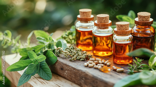 closeup of herbal tinctures and natural remedies on wooden table