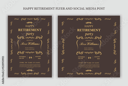 Set of retirement party invitation, square banner, instagram story and a4 poster, vector illustration Retirement Flyer Design Template. Retirement Party Invitation Layout, square banner, and a4 poster