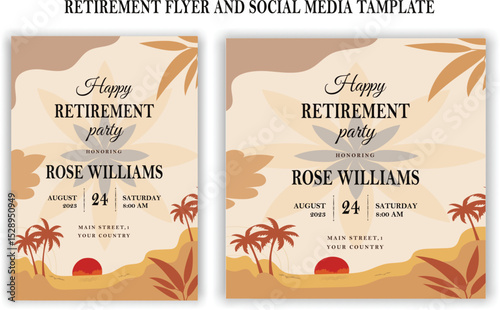 Set of retirement party invitation, square banner, instagram story and a4 poster, vector illustration Retirement Flyer Design Template. Retirement Party Invitation Layout, square banner, and a4 poster