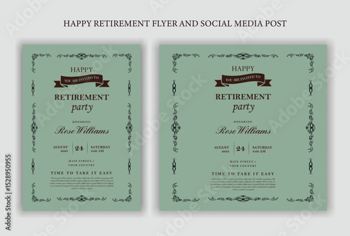 Set of retirement party invitation, square banner, instagram story and a4 poster, vector illustration Retirement Flyer Design Template. Retirement Party Invitation Layout, square banner, and a4 poster