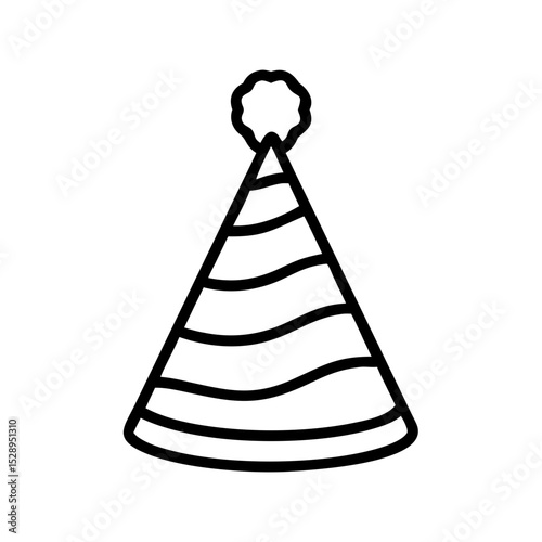 Minimalist black outline vector icon of a conical party hat with a pom-pom on top, symbolizing festive celebrations and birthdays in a clean and simple design