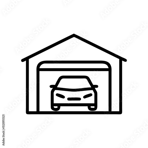 Minimalist black outline vector icon of a garage with a car inside, open door, and pitched roof, symbolizing vehicle storage, home parking, and safety in a clean and simple design.