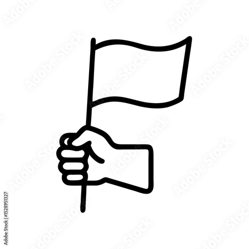 Minimalist black outline vector icon of a hand holding a flag, symbolizing victory, patriotism, and leadership in a clean and simple design.
