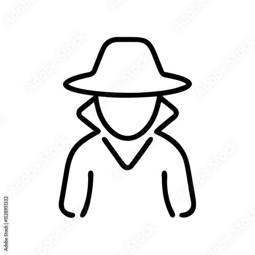 Minimalist black outline vector icon of a silhouette of a person wearing a hat, symbolizing detective, mystery, and investigation in a clean and simple design