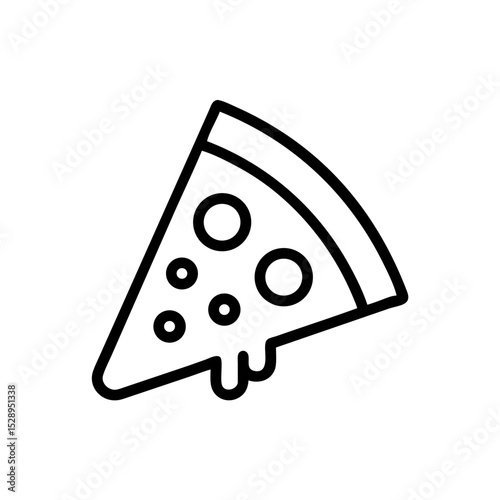 Minimalist black outline vector icon of a pizza slice, symbolizing fast food, casual dining, and delicious flavors in a clean and simple design