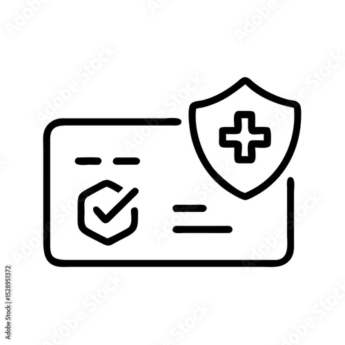 Minimalist black outline vector icon of a health insurance card, symbolizing medical coverage, healthcare access, and protection in a clean and simple design.