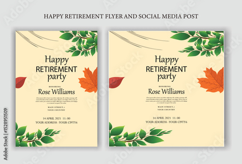 Set of retirement party invitation, square banner, instagram story and a4 poster, vector illustration Retirement Flyer Design Template. Retirement Party Invitation Layout, square banner, and a4 poster