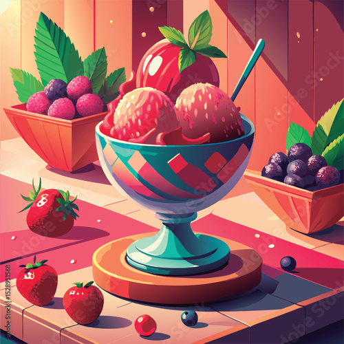 Delicious berry ice cream sundae.