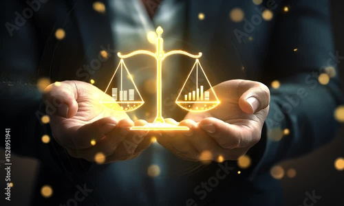 Golden Scales of Justice on Open Hands Symbolizing Law and Legal Concepts in Dark Setting