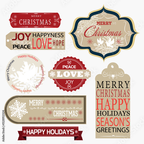 Festive christmas ornament labels with decorative frames featuring holiday season greetings