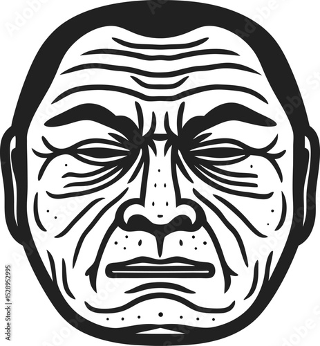 Meditative closed eyes mask, monochrome tribal face illustration calm expression, spiritual relaxation, cultural tradition, carved features