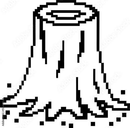 Pixel tree stump illustration with roots and scattered wood chips minimalist black and white retro block art