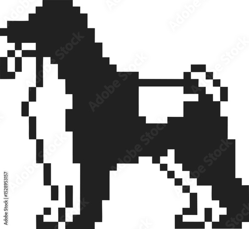 Pixel art poodle silhouette retro eight bit black and white dog illustration, vintage digital graphic for pets and animals