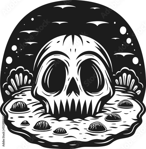 Skull illustration with clam shells and pearls, black and white fantasy art, spooky underwater surreal concept