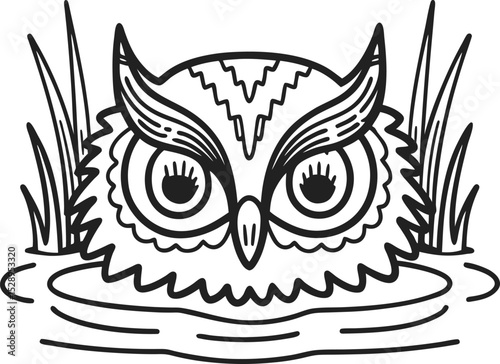 Owl peeking above water surface with tall grass intricate black and white line drawing, forest wildlife illustration