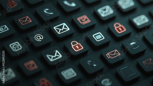 Cybersecurity Keyboard: Abstract close-up shot of a dark keyboard with various communication and security icons highlighting data protection and online safety.  