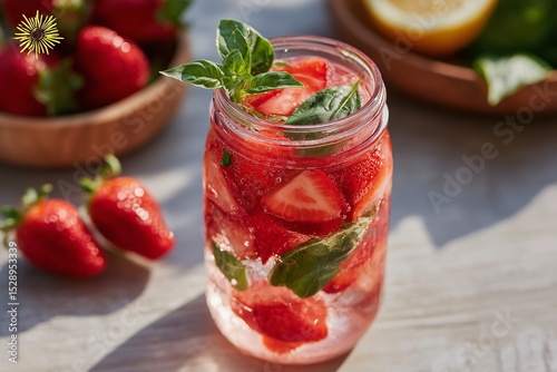 Wallpaper Mural Strawberry Basil Water in Mason Jar with Wildflowers and Afternoon Picnic Vibe Torontodigital.ca