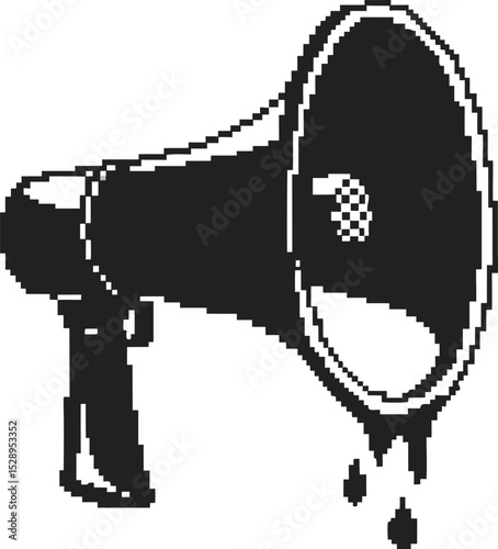 Pixel art megaphone dripping liquid black and white retro style, abstract protest, voice amplification, communication symbol