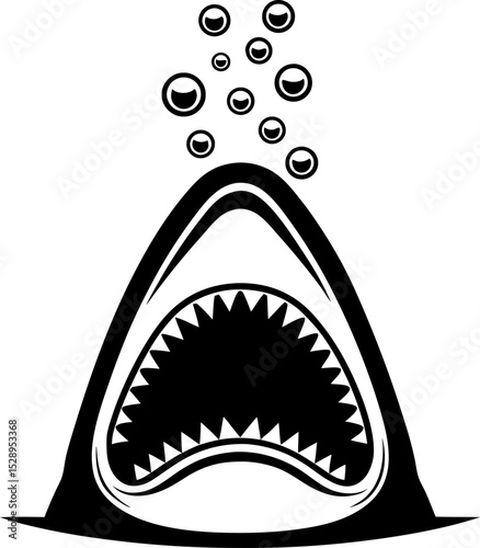 Aggressive shark mouth wide open underwater, toothy jaws and bubbles rising, ocean predator danger symbol illustration