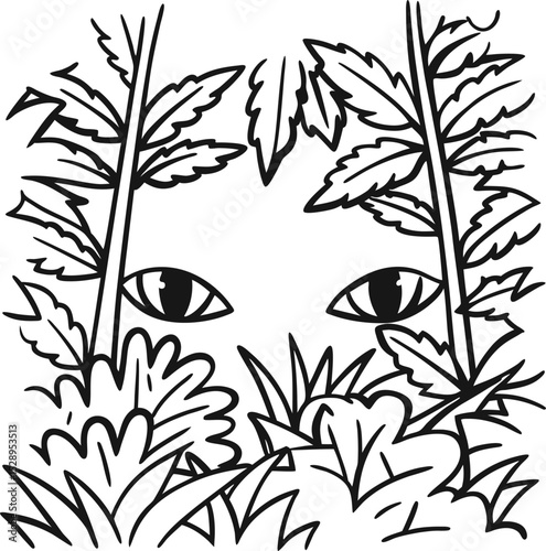 Hidden feline eyes peering through dense jungle plants camouflaged animal watching, wild predator in lush black and white foliage