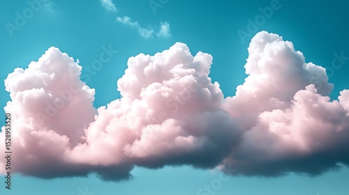 Fluffy cotton clouds float gently in a vivid blue sky, Dreamy pink and blue clouds resembling soft cotton candy, creating a serene pastel skyscape. 