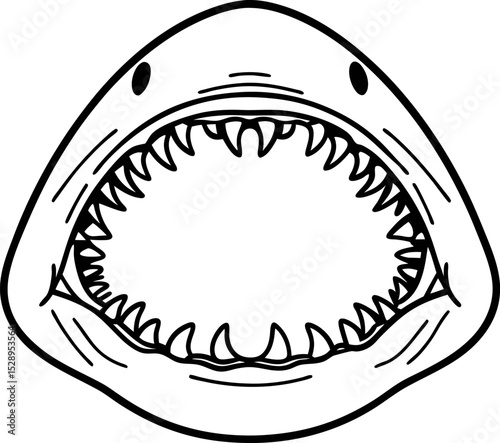 Aggressive shark mouth wide open showing sharp teeth, isolated face illustration, marine predator, underwater danger concept