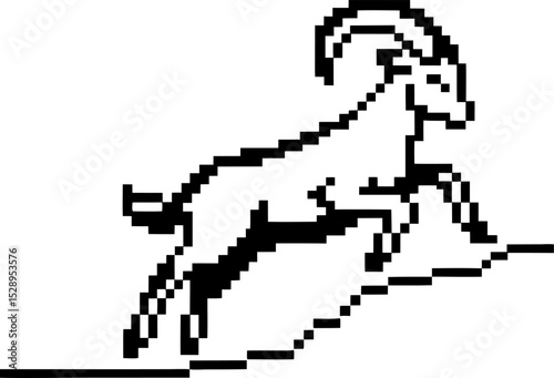 Pixel art illustration of a mountain goat leaping uphill retro stylized wildlife symbol, minimal black and white animal icon