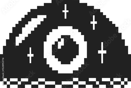 Retro pixel art cosmic eye black and white digital illustration of single stylized eye with stars, astrology or sci fi theme