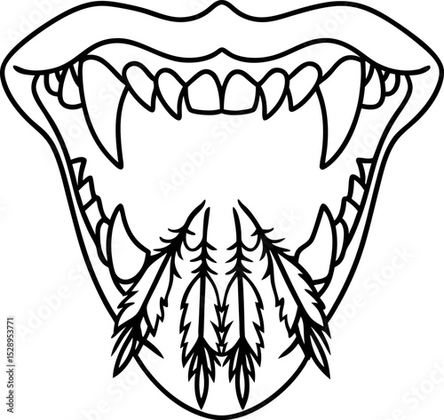 vampire mouth with sharp fangs and open jaw, feathers inside, mythical creature, fantasy line art illustration