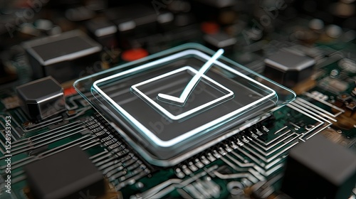 Cybersecurity Check Mark: A close-up shot of a microchip with a glowing checkmark symbol overlaid, signifying data security and system validation.
