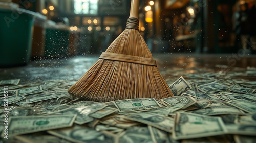 a broom sweeping up money