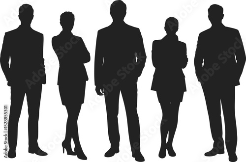 Diverse professional business people silhouettes, including men and women in various poses, representing corporate teams, leadership, and diverse workforce concepts.