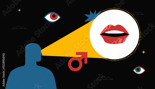 A male silhouette aimed at a woman's lips in close-up. The concept of a male gaze. A symbol of the representation of women in cinema and media.