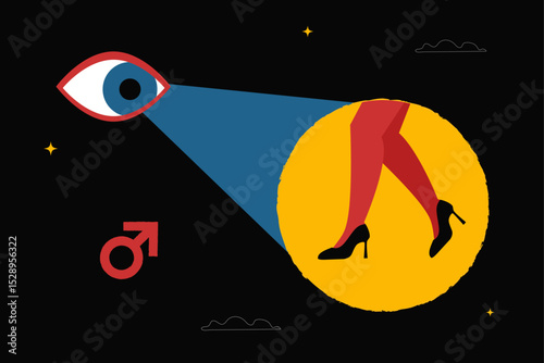 An eye looking at a woman's legs in heels in close-up. The metaphor of a male gaze. A symbol of the objectification of women in cinema and media.