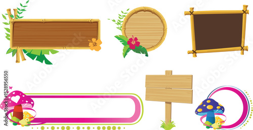Decorative bamboo frames and sign boards with floral and whimsical vector design elements