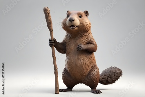 A cartoon groundhog, seemingly friendly, stands on a plain background, holding a wooden staff photo
